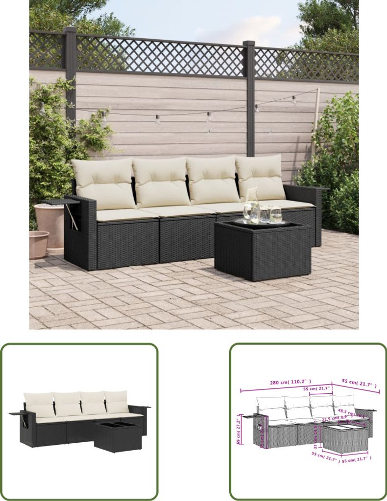 The Living Store 5-tlg. Garten-Sofagarnitur mit Kissen Schwarz Poly Rattan