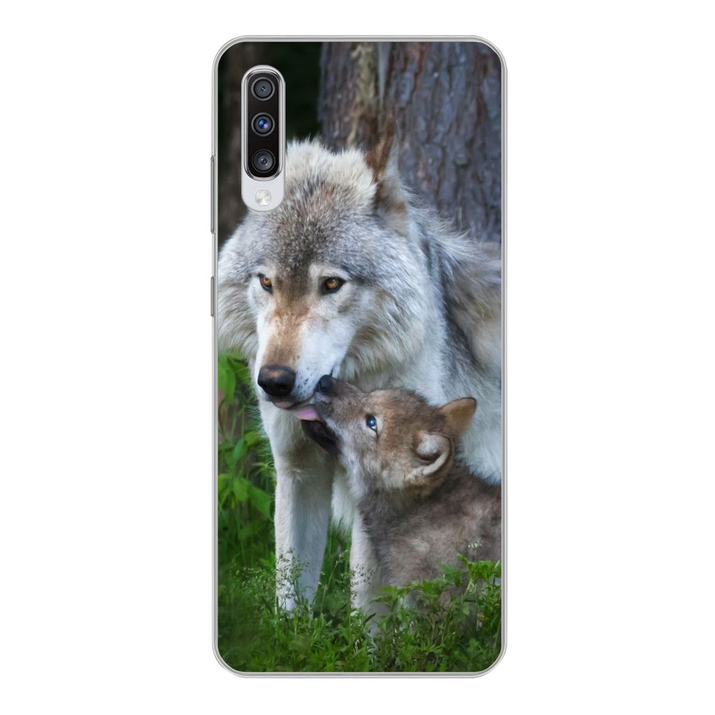 MuchoWow Handyhülle Schutzhülle Hülle für Samsung Galaxy A70 Wolf - Moos - Wald - Welpe Silikon Softcase Handy Hülle - Schutzhaube