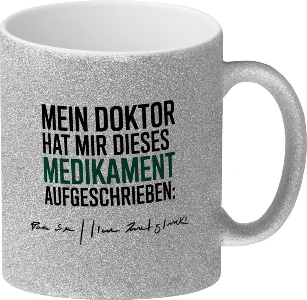Arztrezept Glitzer-Kaffeebecher mit Spruch für Ärzte und Pflege