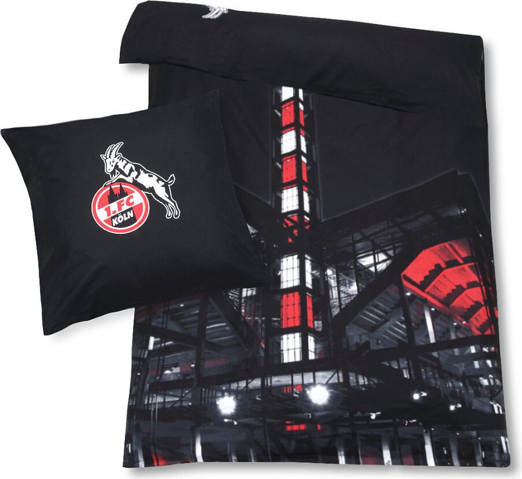 A black duvet cover and pillow with a stadium graphic and the 1. FC Köln logo.