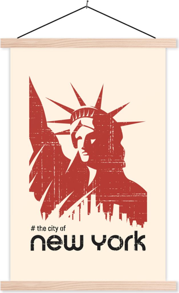 MuchoWow Textilposter New York - Freiheitsstatue - Rot 120x180 cm mit holzfarbenen Rahmen - Textil-Plakat