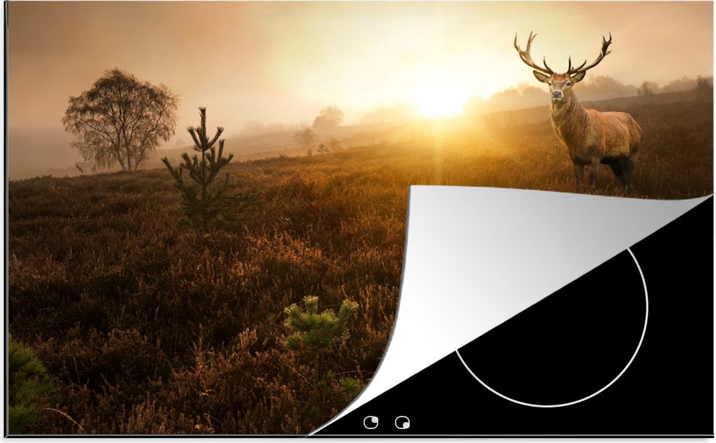 KitchenYeah Herdabdeckplatte Hirsche - Nebel - Sonnenuntergang , 81x52cm, Küche Deko, Glaskeramikfeld Herdabdeckung, Abdeckplatte fùr Kochfeld