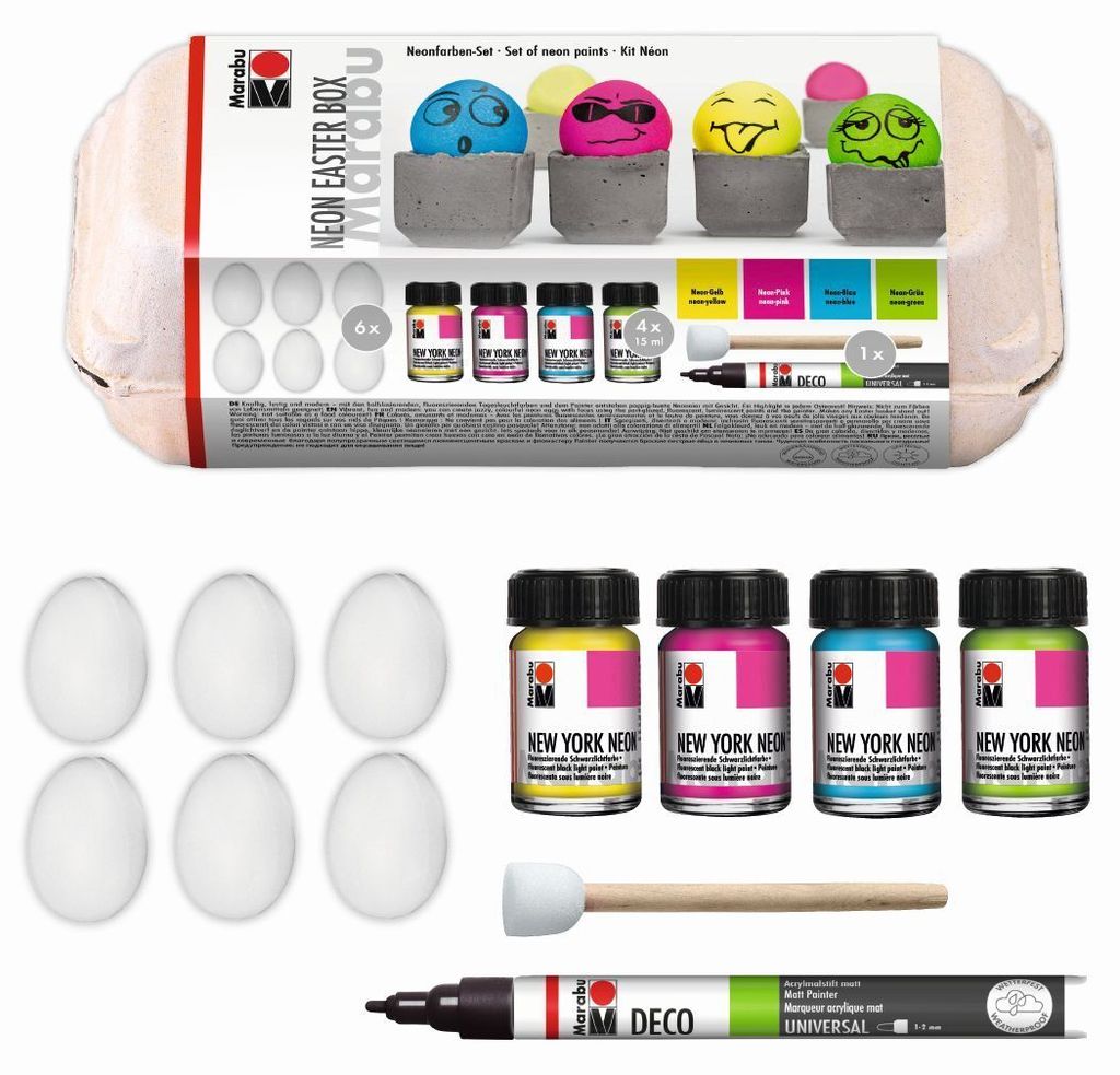 Marabu 12660 000 00081 Bastelset Neon Easter Box 12tlg. - 4x 15ml, Kunststoffeier, Schablonierpinsel