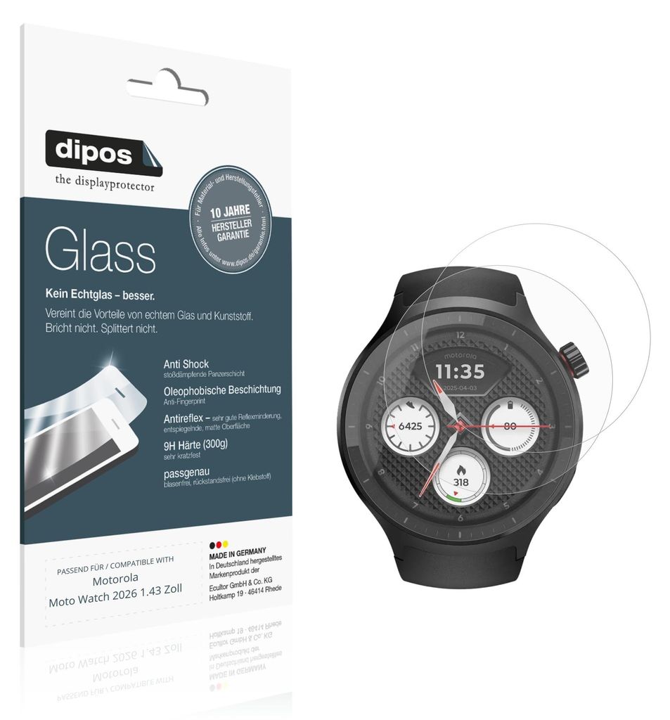 2x Schutzfolie für Motorola Moto Watch 2026 1.43 Zoll matt - Anti-Shock 9H Folie dipos Glass Kunststoffglas