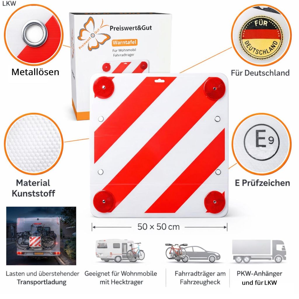 Warnschild Rot Weiß Warntafel Fahrradträger 50x50 cm 4x Reflektor mit E Prüfzeichen Ecken mit 4x Metallösen Fahrradträger Wohnmobil Anhänger ...
