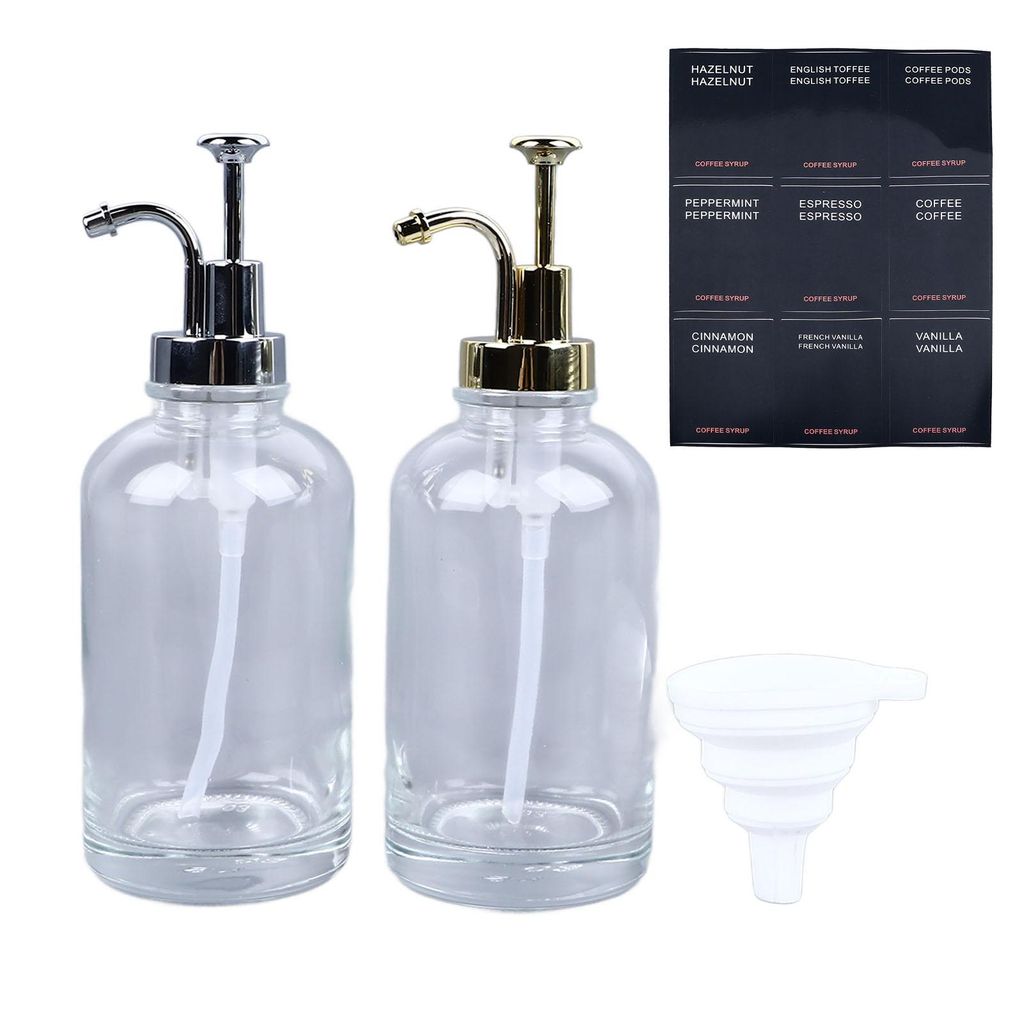 2er Set Sirupspender 500 ml Glas – Flaschen mit Edelstahlpumpe, ideal für Kaffee, Öl, Mundspülung & Küche/Badezimmer