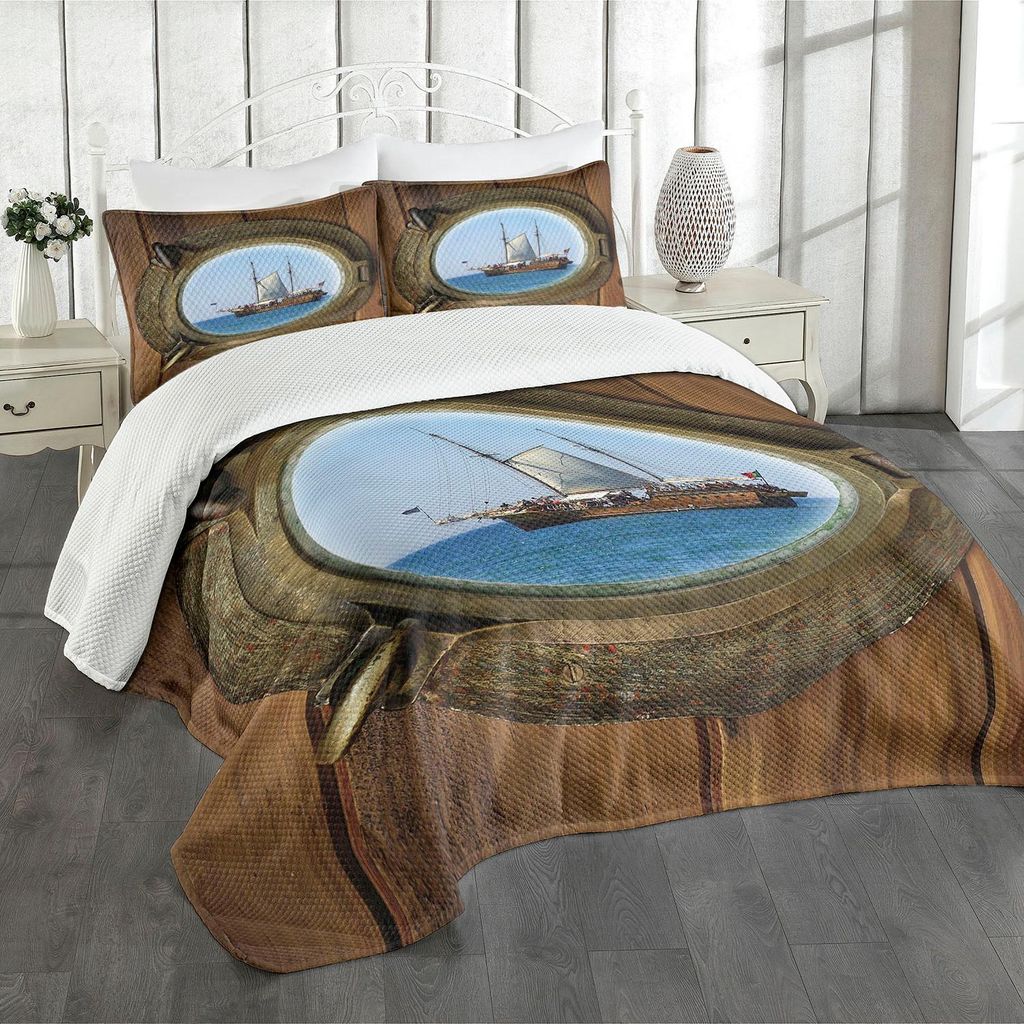 ABAKUHAUS Marine Tagesdecke Set, Schiffsfenster mit einer Touristen Cruise Motiv Sommersaison Aktivität Themed Zusammensetzung, 220 x 220 cm, Mehr...