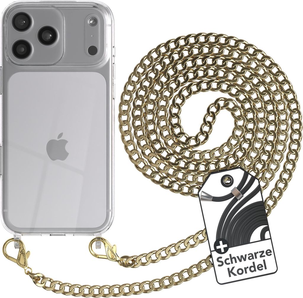EAZY CASE Metall Handykette für Apple iPhone 17 Pro Max, Handyhülle mit Umhängeband, Silikonhülle, Metallkette für Smartphone in Gold