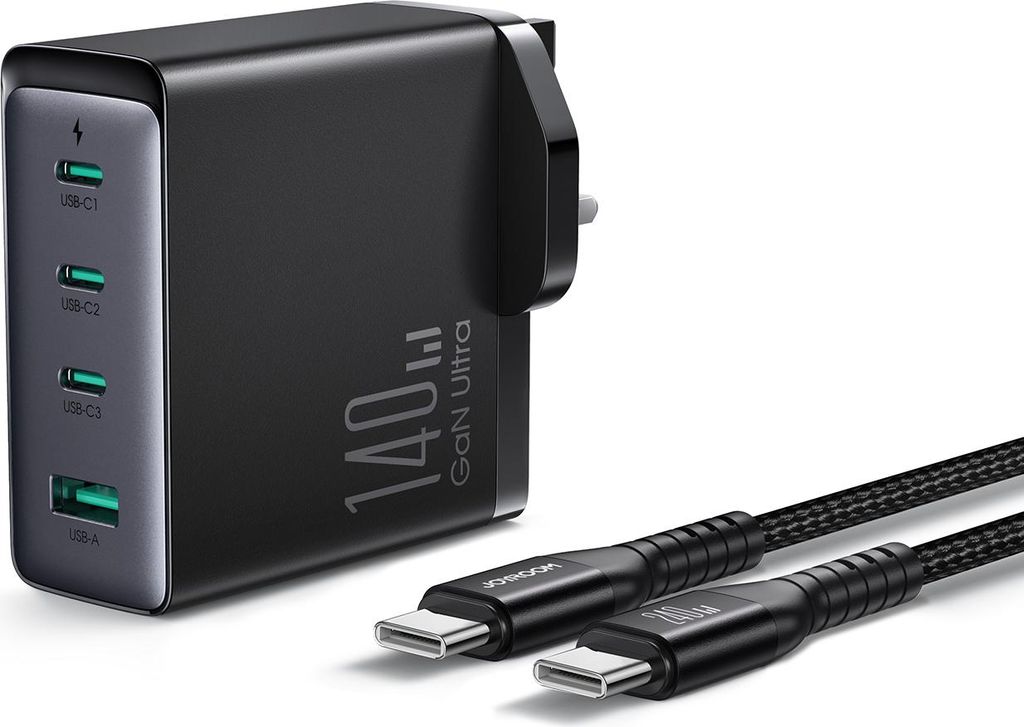 Joyroom JR-TCG05UK GaN-Schnellladegerät 140W 3x USB-C + USB-A mit USB-C/USB-C Kabel 240W 1,2m – UK