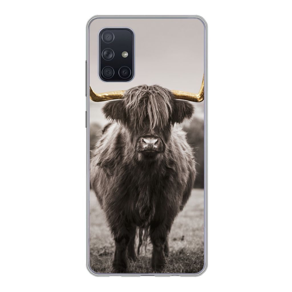 MuchoWow Handyhülle Schutzhülle Hülle für Samsung Galaxy A51 Schottischer Highlander - Gold - Hörner Silikon Softcase Handy Hülle - Schutza...