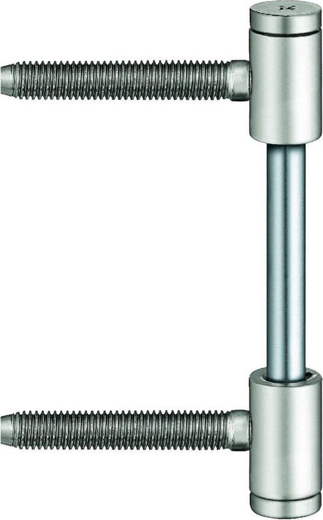 A metal hinge with threaded screws on a white background.