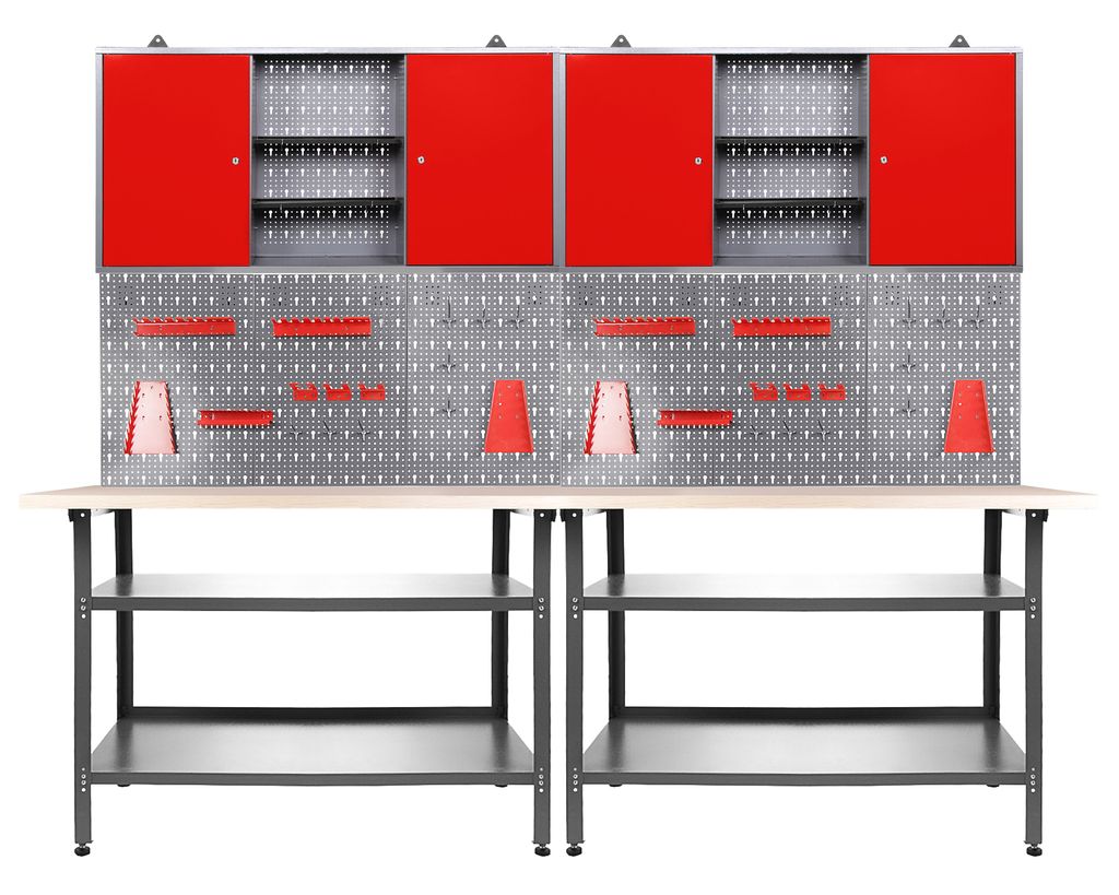 Ondis24 Metall Werkstatt Set 240 cm "Nobbi" rot 2x Werkbank + 2 Schränke Arbeitshöhe 85 cm abschließbar höhenverstellbare Füße Arbeitsplatte ...