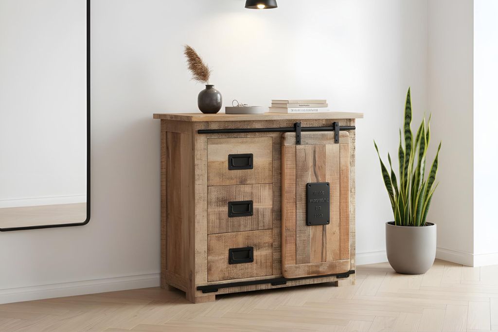 Sideboard Libro VI, Mangoholz massiv + Rough, Kommode mit Holzschiebetür, 3 Schubladen & 2 offenen Fächern, Griffe, Türelemente & Reling aus Eis...