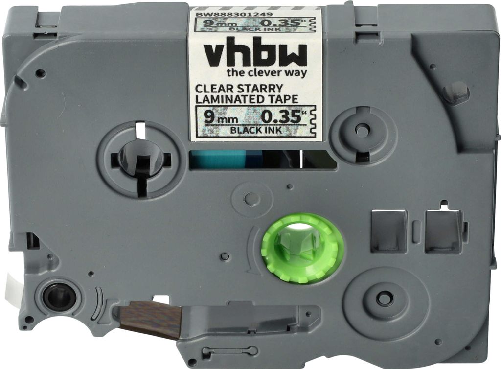 vhbw Schriftband-Kassette kompatibel mit Brother PT 900, 550, 540, 500, 9000 Etiketten-Drucker 8m x 9mm Schwarz auf Transparent (Glitter), Laminiert