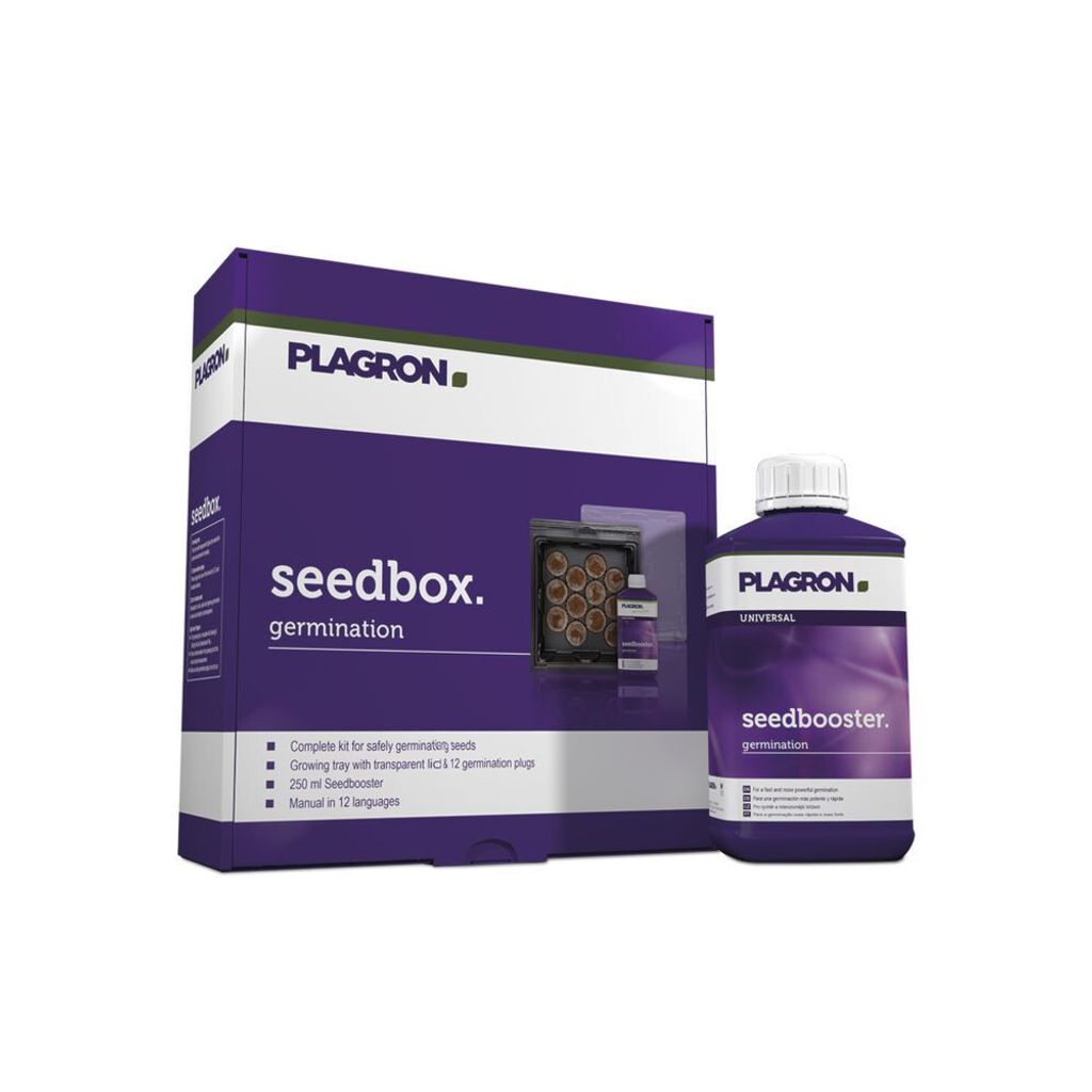 A product shot of a Plagron Seedbox germination kit and a bottle of Plagron Seedbooster.