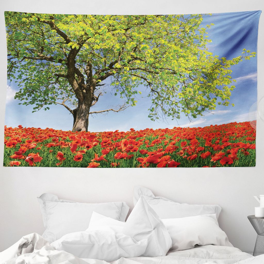 ABAKUHAUS Baum Wandteppich, Frühlingslandschaft Blumen aus Weiches Mikrofaser Stoff Waschbar ohne Verblassen Digitaldruck, 230 x 140 cm, Grün Bla...