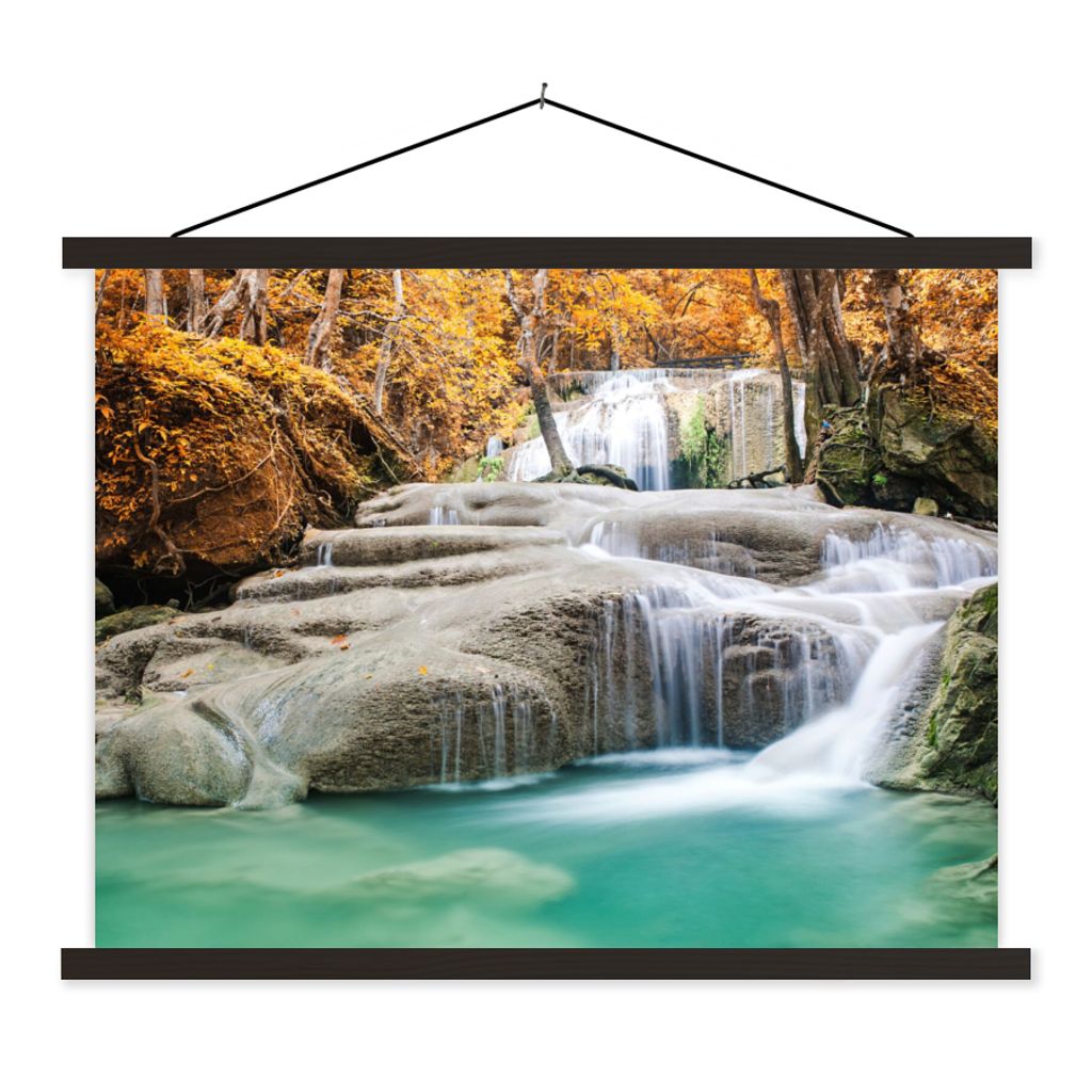 MuchoWow Textilposter Wald - Wasserfall - Herbst 120x90 cm mit schwarzem Rahmen - Aufhänger für Poster