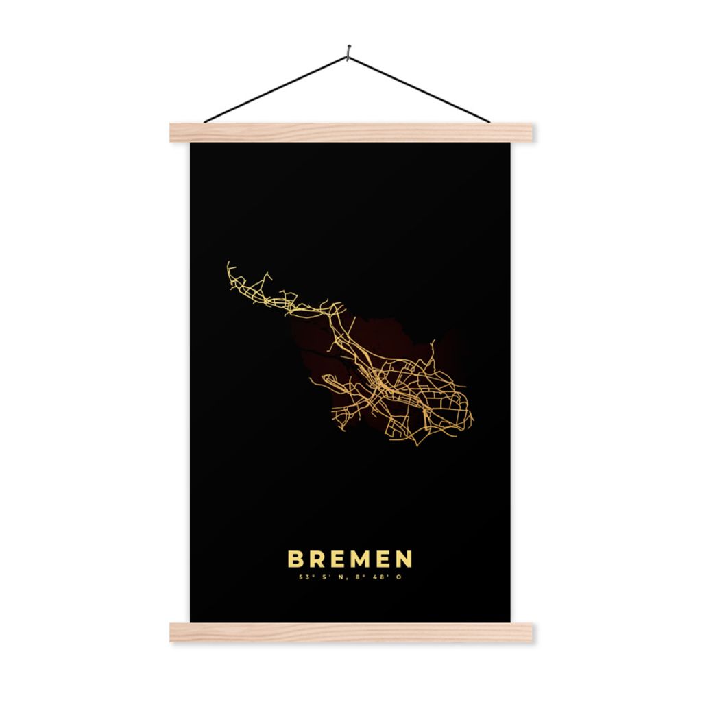 MuchoWow Textilposter Karte - Bremen - Gold - Stadtplan 120x180 cm mit holzfarbenen Rahmen - Textil-Plakat