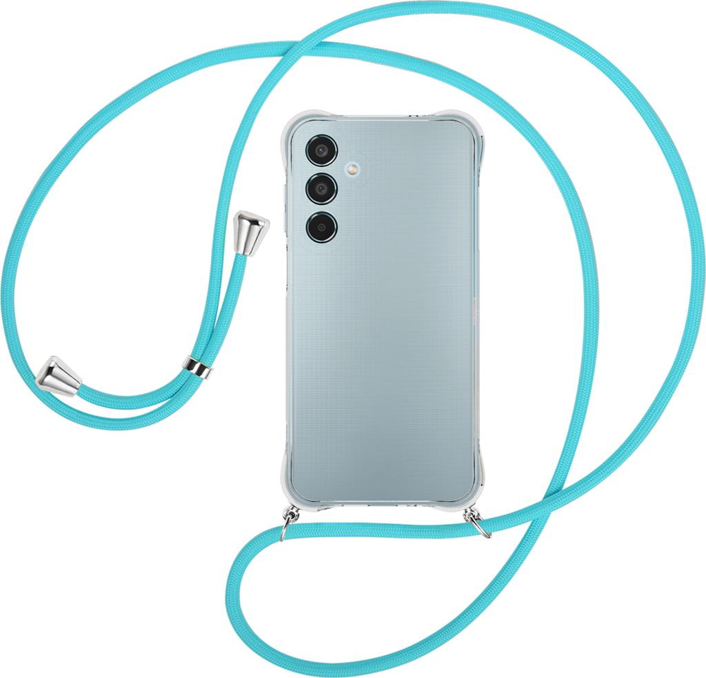 Handykette Backcover-Schutzhülle mit Band (Metall silberfarben) für Samsung Galaxy M35 5G - türkis