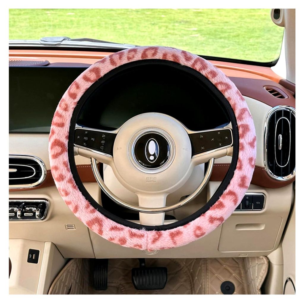 Plüsch Winter Lenkradbezug, Pink Leopardenmuster Lenkradbezug Auto, 38cm Universal Auto Lenkradabdeckung, Weich Bequem Winter Lenkradschoner