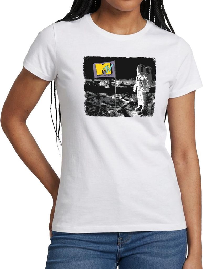 Spreadshirt MTV Astronaut Auf Dem Mond Mit MTV-Flagge Frauen T-Shirt, S, Weiß