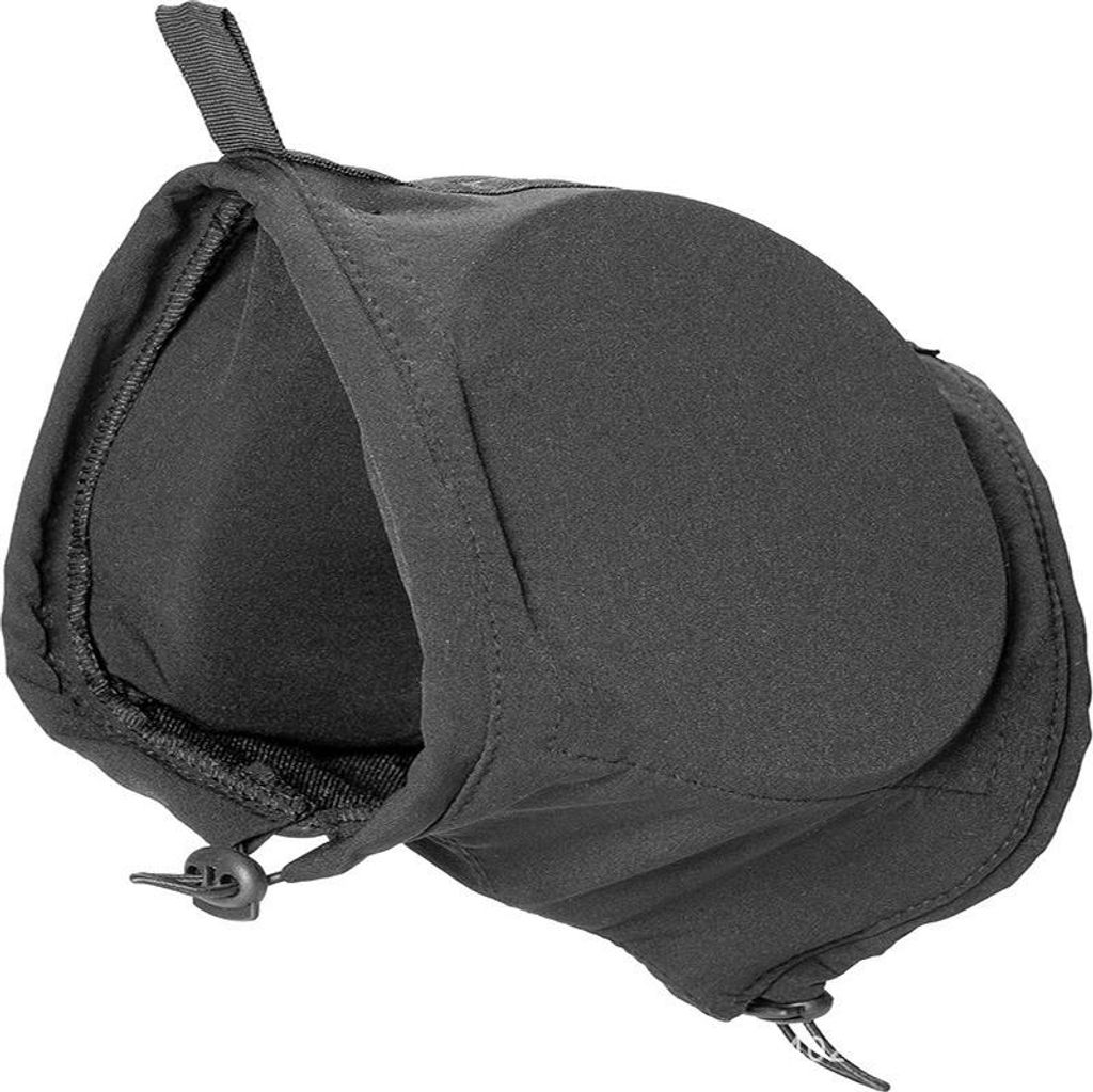 A black pet ear protector is shown against a white background.