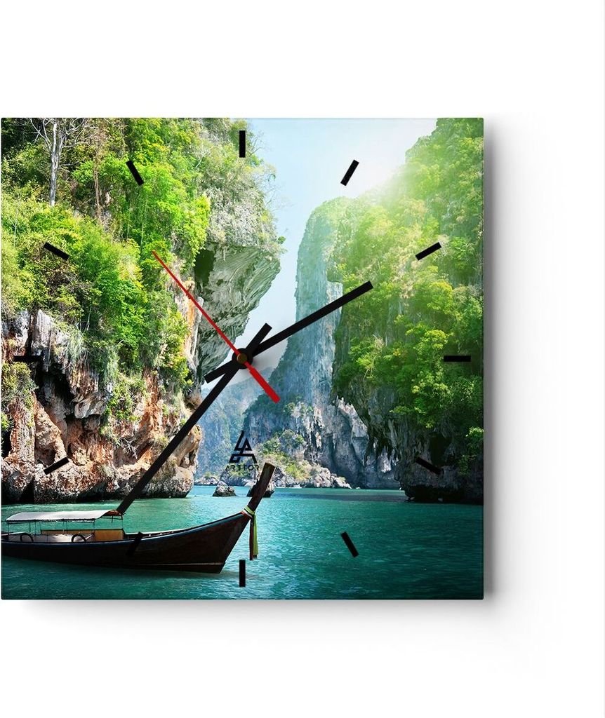 Wanduhr - Quadrat - Glasuhr - Boot Klippen Natur Felsen - 30x30cm - Schleichendes Uhrwerk - Lautlos - zum Aufhängen bereit - Dekoration Modern - W...