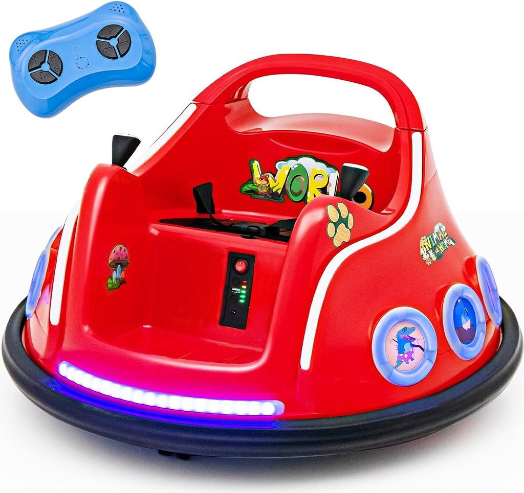A red electric bumper car for children, shown from a slightly elevated front-diagonal angle, with a blue remote control hovering above and to the left.