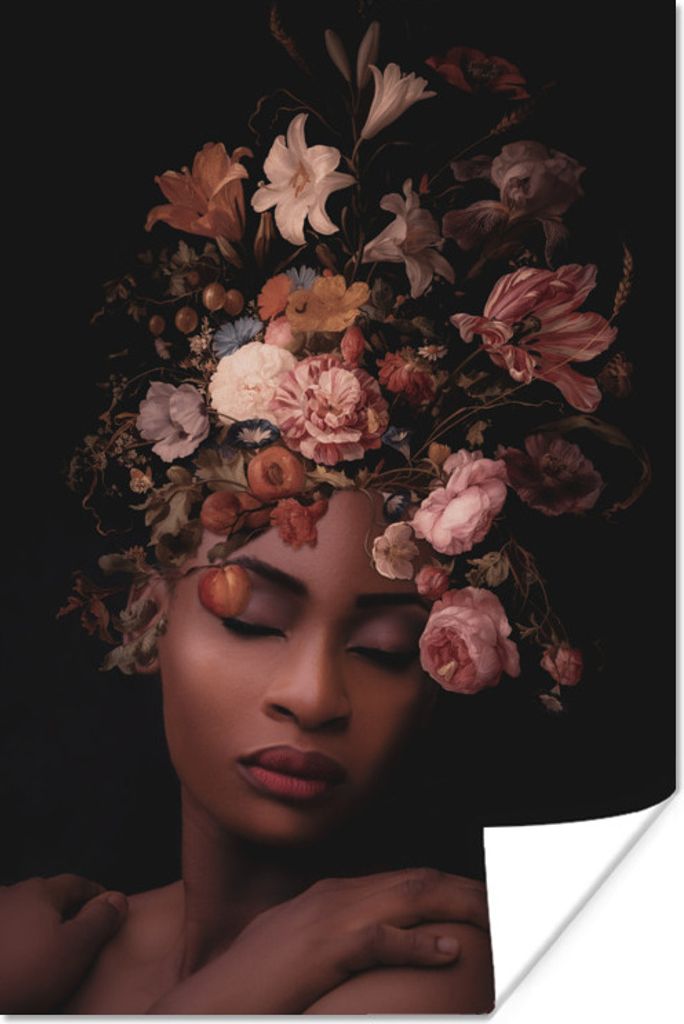 MuchoWow Poster Frauen - Blumen - Schwarz 20x30 cm - Papierdruck