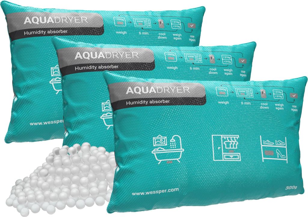 3x Wessper Luftentfeuchter Beutel wiederverwendbar, Aufladbar Wessper Raumentfeuchter aus Silica Trockenmittel, Auto, Schuhe, Schlafzimmer 3x 300g