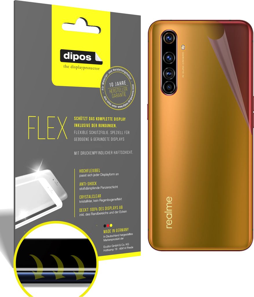 2x Schutzfolie für Oppo Realme X50 5G Rückseite Folie, 100% Displayabdeckung, dipos Flex