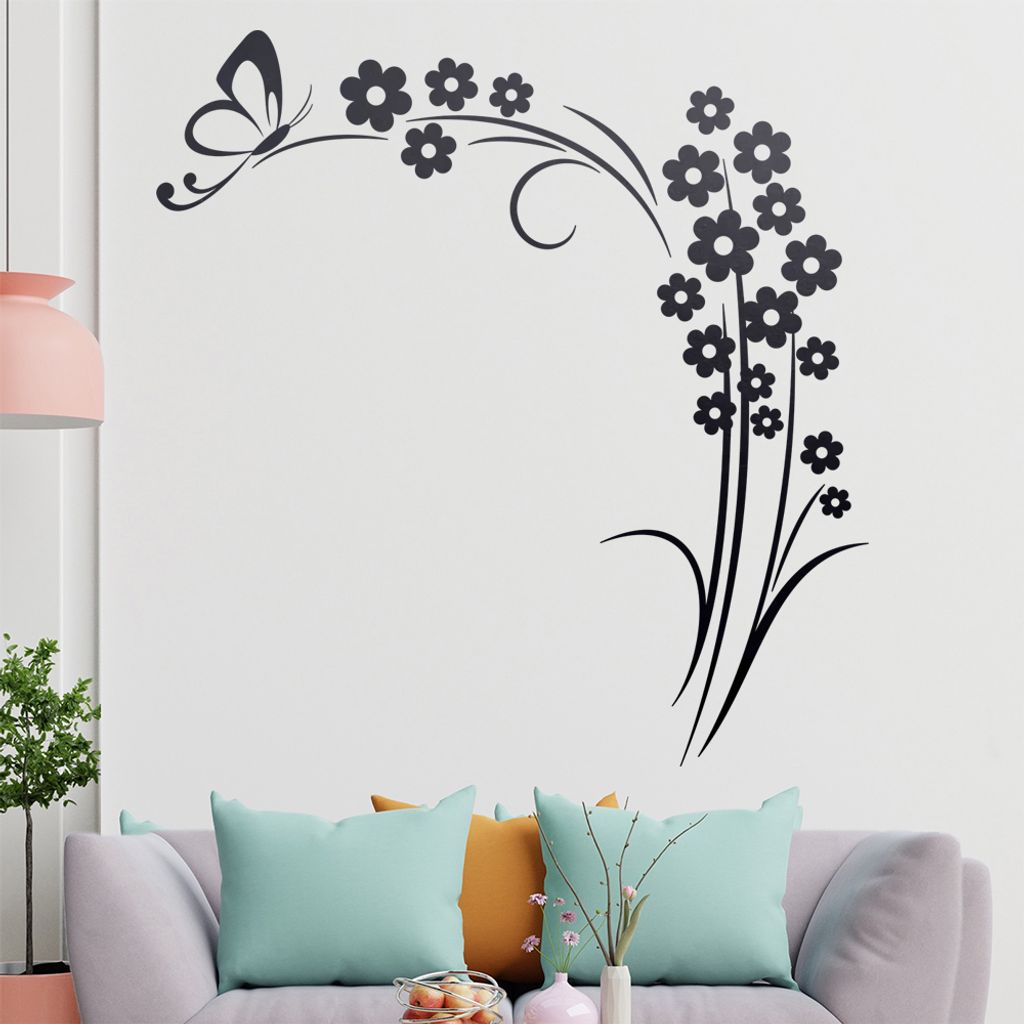 Schmetterling am Ende der Blume Wandtattoo in 6 Größen - Wandaufkleber Wall Sticker - Dekoration, Küche, Wohnzimmer, Schlafzimmer, Badezimmer