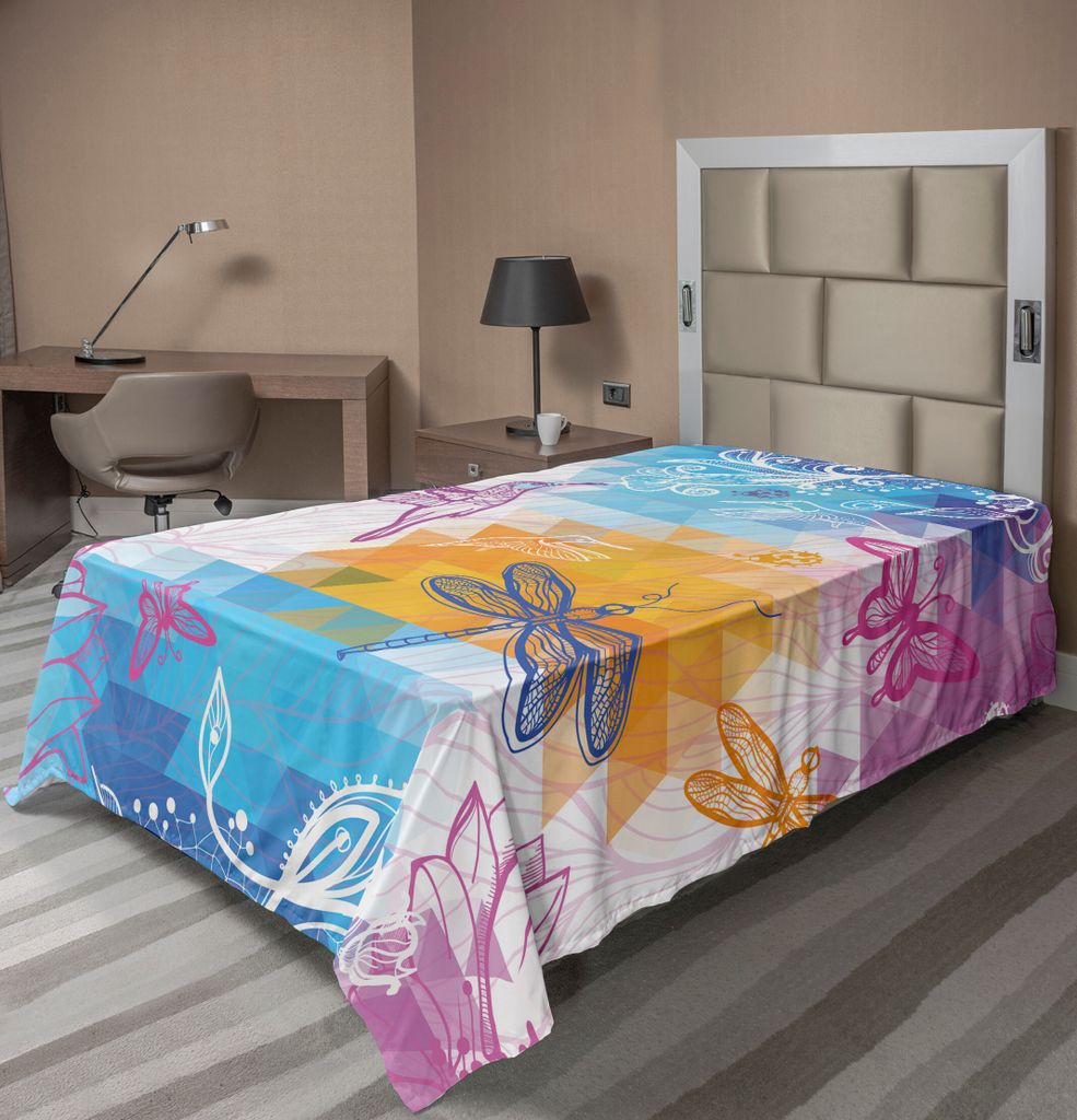 ABAKUHAUS Libelle Bettlaken, Käfer Libelle Vogel Formen Über Geometrische Abgewinkelt Gebundene Dreieck Formen Grafik, weiches bequemes oberes Be...