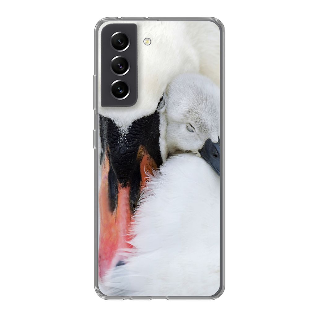 MuchoWow Handyhülle Schutzhülle Hülle für Samsung Galaxy S21 FE Nahaufnahme eines Schwans mit Jungen Silikon Softcase Handy Hülle - Mobiltel...