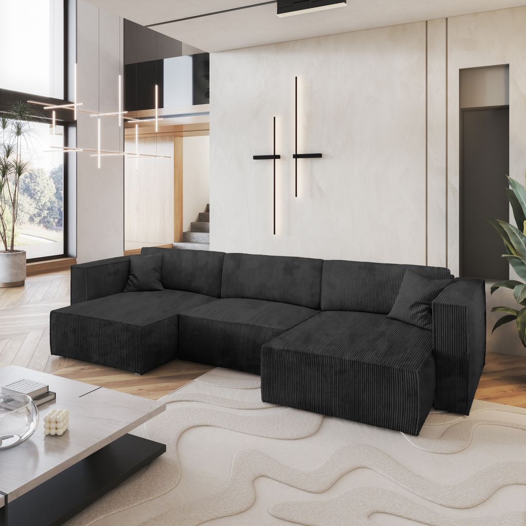 Masseno Ecksofa SARMO P mit Schlaffunktion U-Form, Sofa mit Bettkasten, Wohnzimmersofa, Couch, Soffa, Bettsofa, Couchgarnitur- Schwarz, POSO 135
