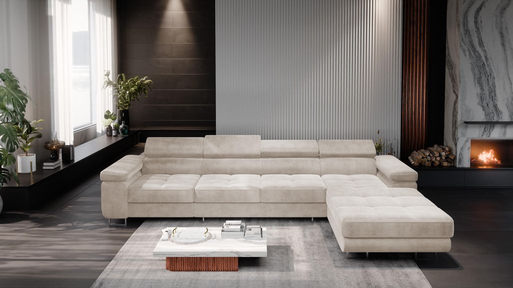 FurMeb24 ECKSOFA LAZZANO MAXI MONOLITH 02 - rechte seite - CREMIG - mit bettkasten und schlaffunktion