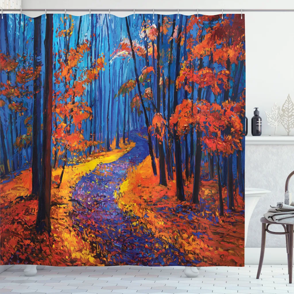 ABAKUHAUS Tenda da doccia Land, scura e profonda nella foresta in autunno Autunno Stagione Calma Magica Natura Arte Pittura, tessuto Set decorativo per bagno con ganci, 175x240 cm, arancione blu navy - 2