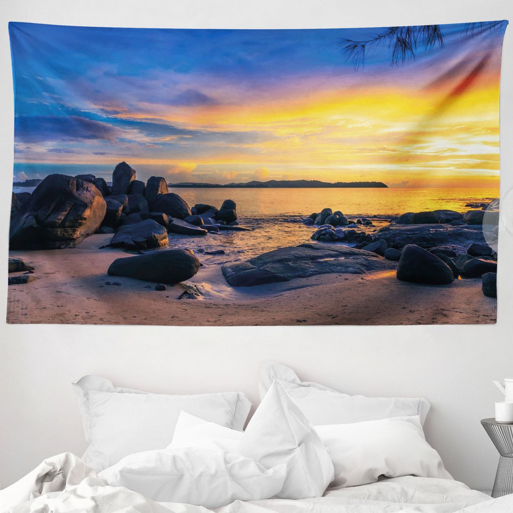 ABAKUHAUS Tropisch Wandteppich, Horizon Sky Beach View aus Weiches Mikrofaser Stoff Waschbar ohne Verblassen Digitaldruck, 230 x 140 cm, Königsbla...