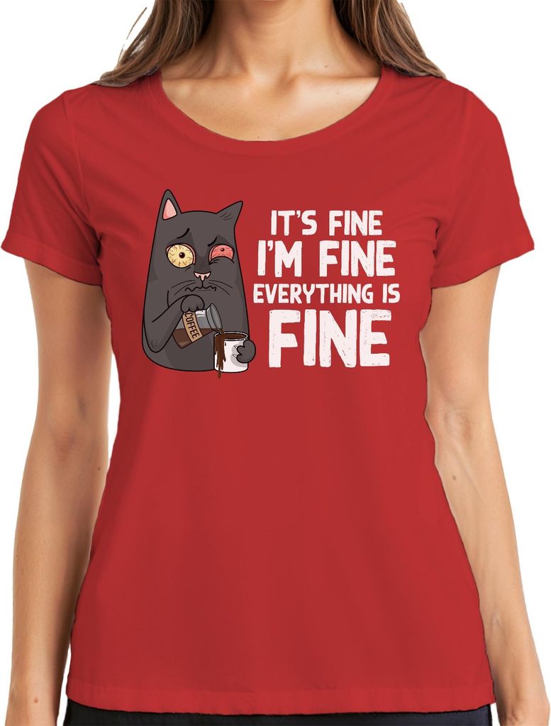 Lustige Katze Kaffee Spruch Im Fine Morgenmuffel Humor Stress Damen T-Shirt, Rot, XXL