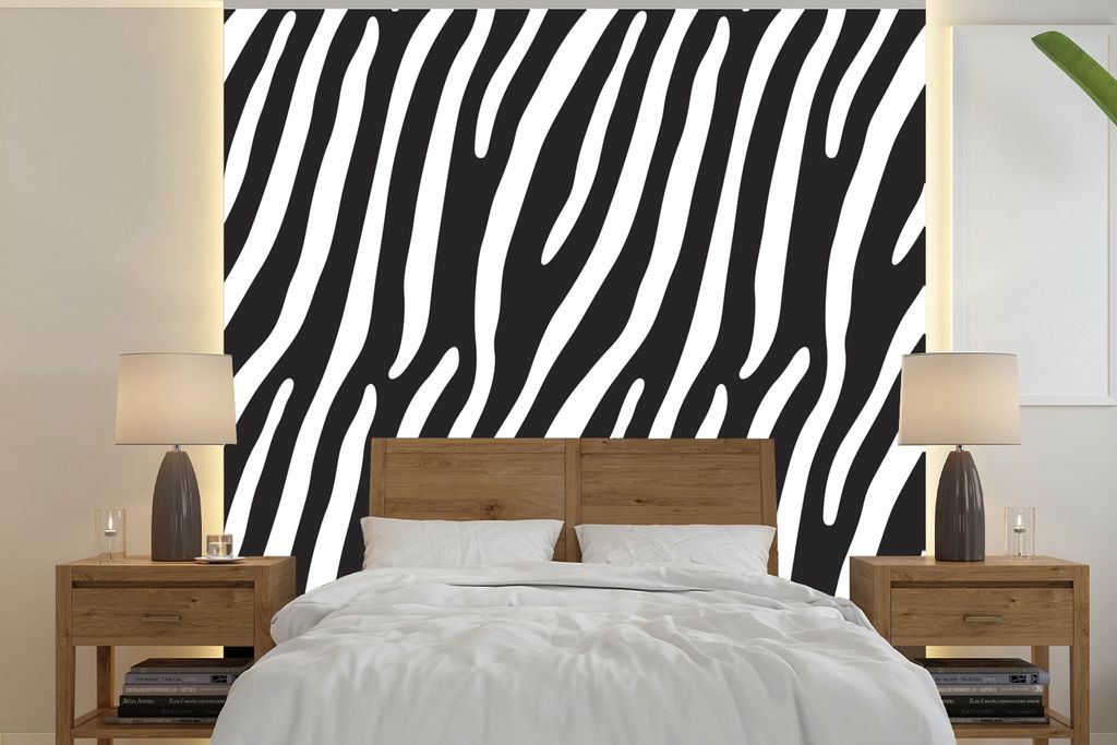MuchoWow Fototapete für Wohnzimmer oder Schlafzimmer Wandtapete Vinyl Motivtapete Tiere - Zebradruck - Schwarz - 300x300 cm - Wanddekoration