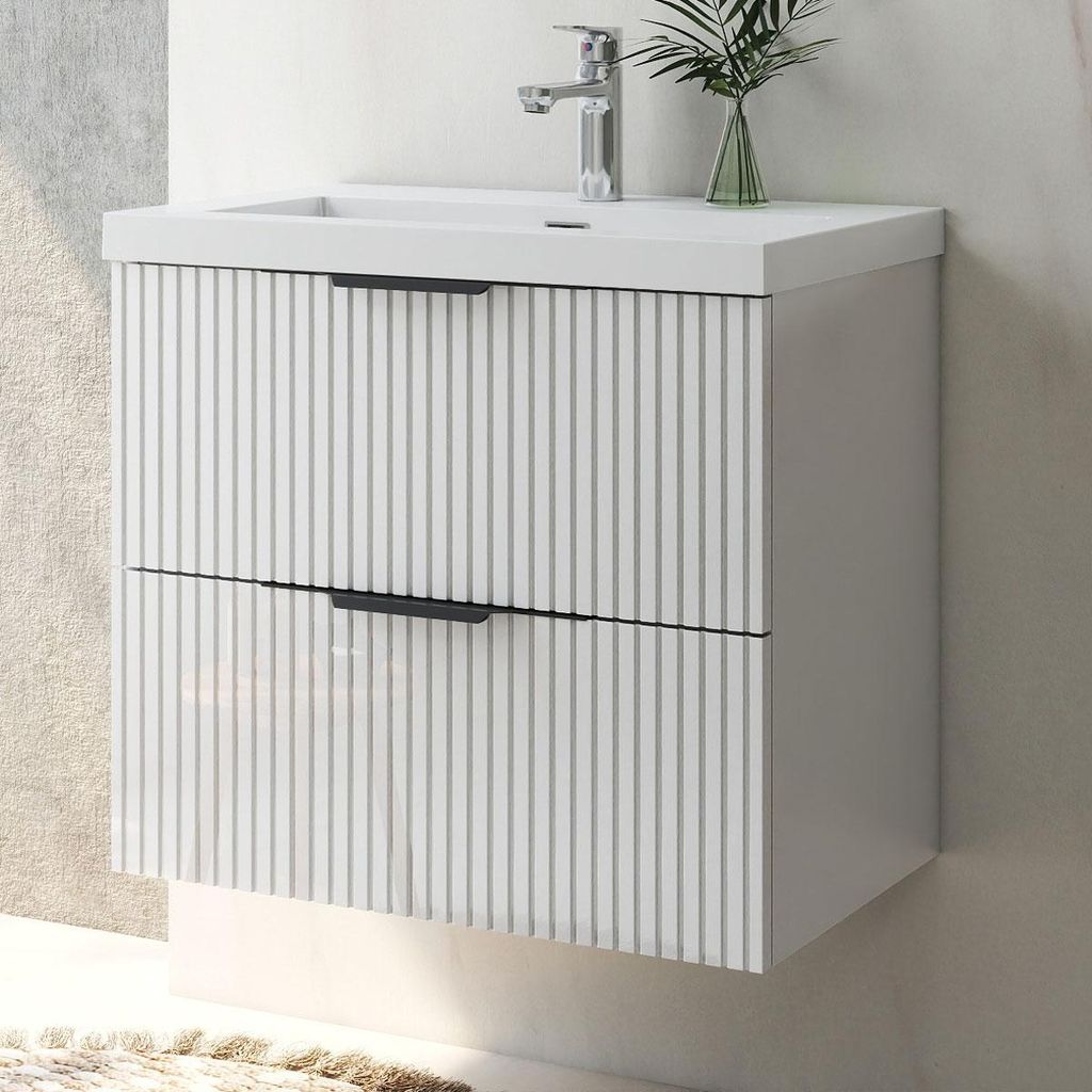 Waschtisch mit Unterschrank 60cm RIVA Badmöbel Set Hochglanz Weiß Rechteckiges Waschbecken mit Unterschrank Softclose