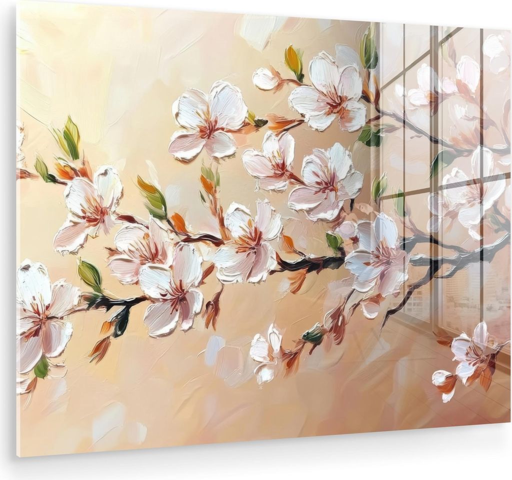 MuchoWow Glasbilder - Bilder auf Wandbild - Foto auf Glas Blütenzweige - Malerisch - Rosa 40x30 cm Wanddekoration aus Glas - Acrylglasbild - Acryl...