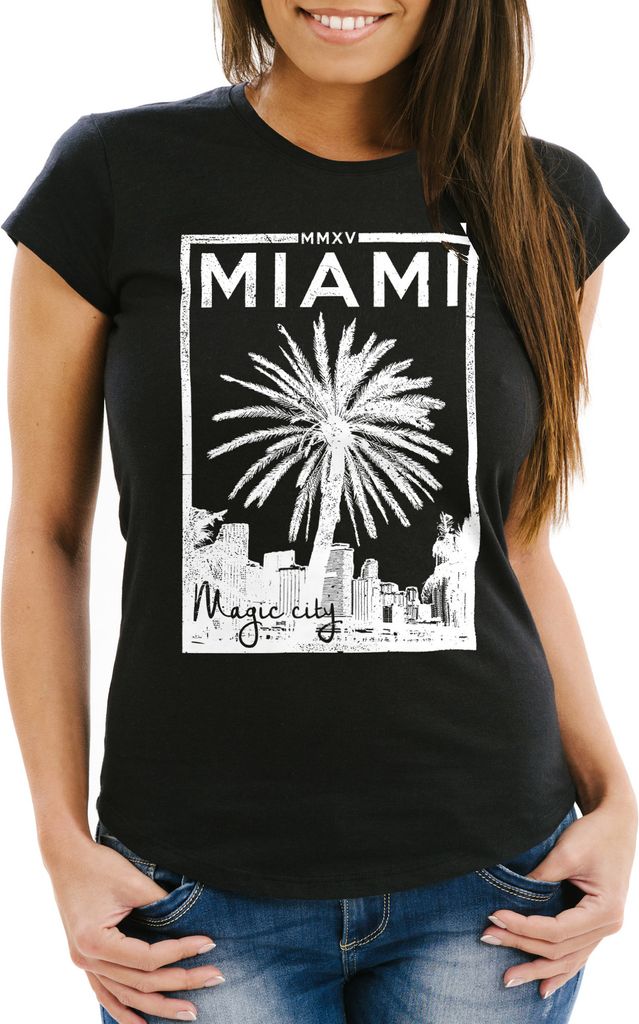 Damen T-Shirt Miami Beach Palmen Skyline Slim Fit Neverless schwarz XXL