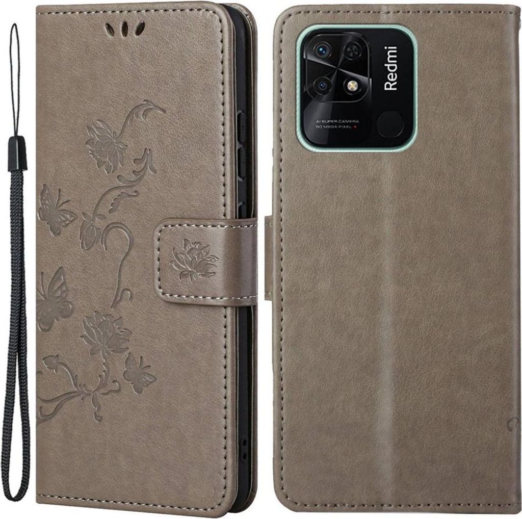 Xiaomi Redmi 10C Hülle - Coverup Blumen & Schmetterlinge Klapphülle - Taupe Grau