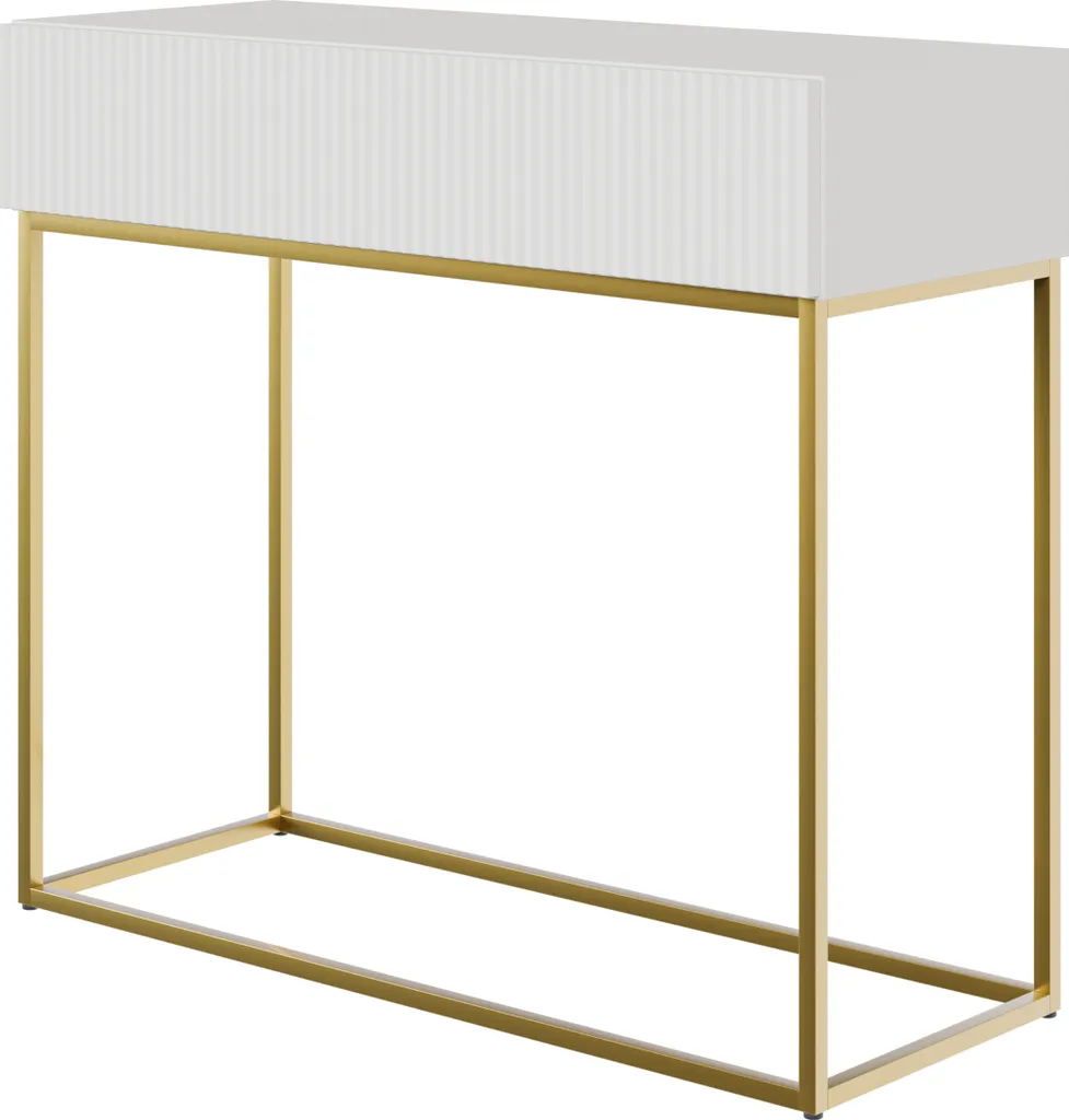 Console Entrée Design Blanc et Or VELDIO avec Rangement Tiroir 90cm