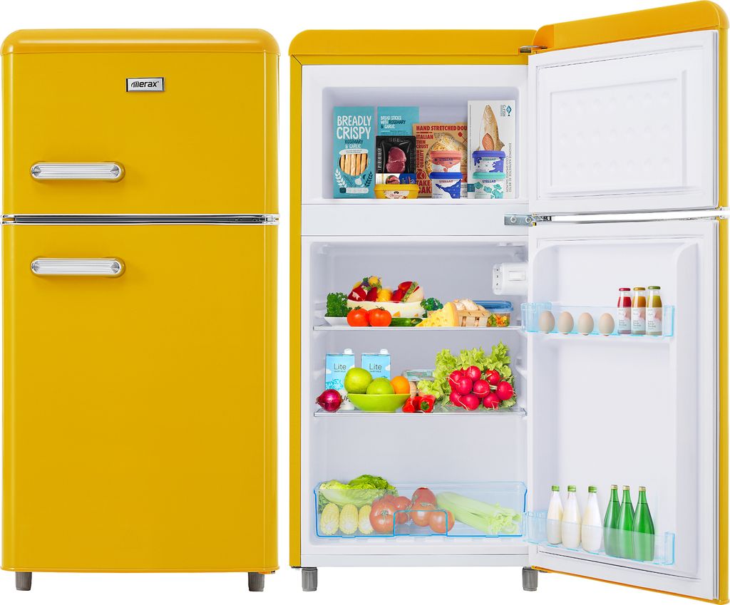 Merax Table Top Kühlschrank Retro Kühl-/Gefrierkombination BCD-100C, Metall Türgriff, verstellebare Ablage und Füße, Doppeltür und LED-Beleuc...