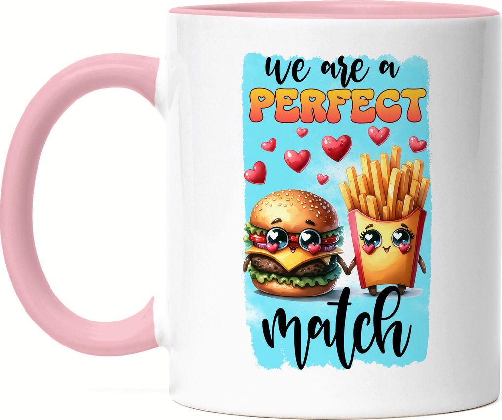 We Are a Perfect Match Tasse Rosa Burger Pommes Liebe Humor Geschenkidee
