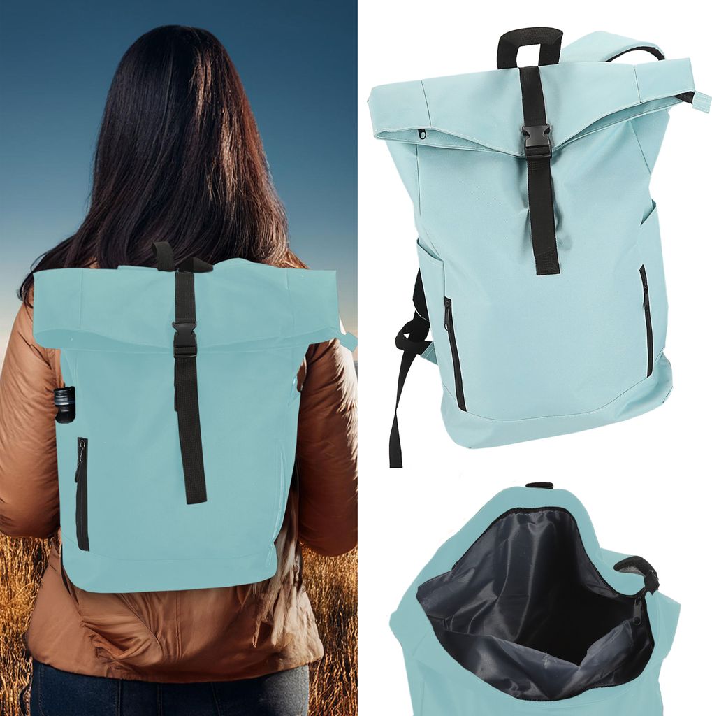 A collage showing a person wearing a backpack and close-ups of the backpack.