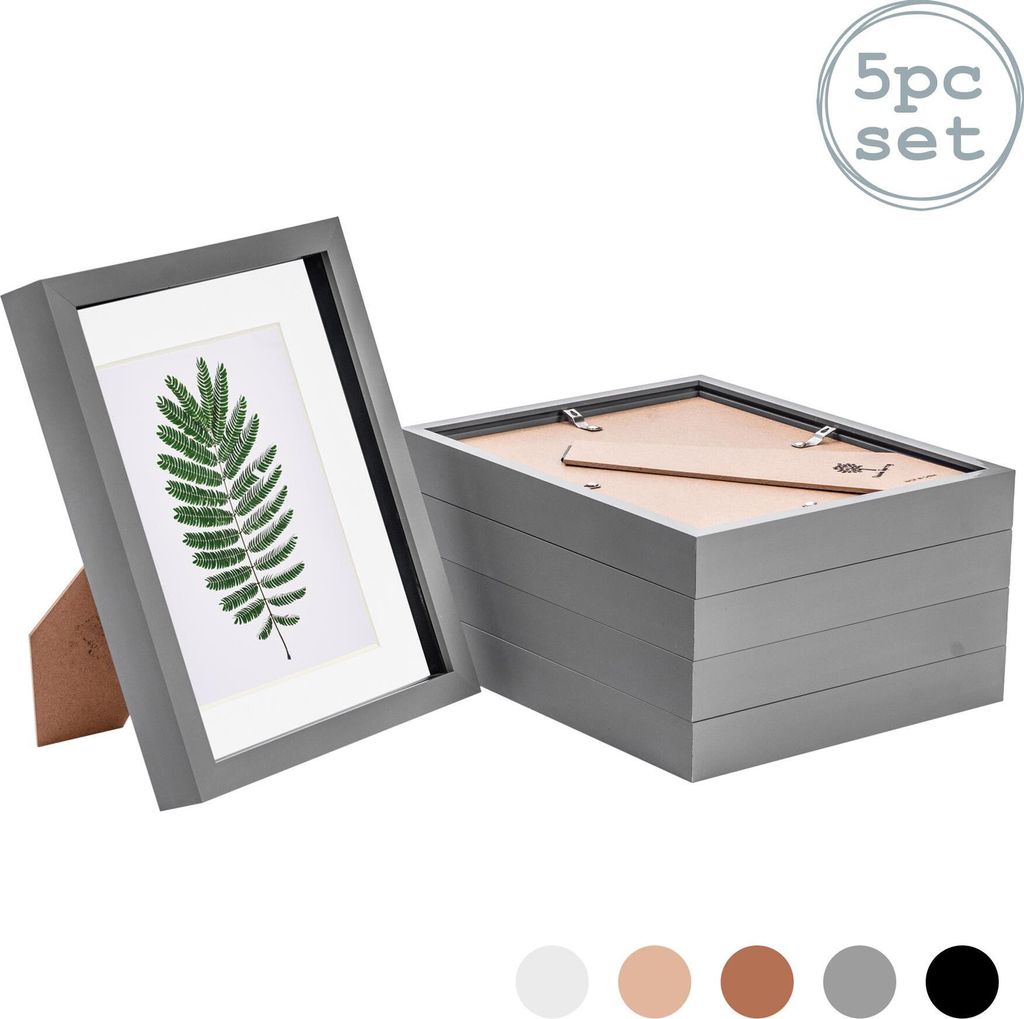 Nicola Spring 5 Stück 8 x 10 3D-Schatten-Kasten-Foto-Rahmen-Set - Craft Anzeigen Bilderrahmen mit 5 x 7 Montage - Glas Aperture - Grau