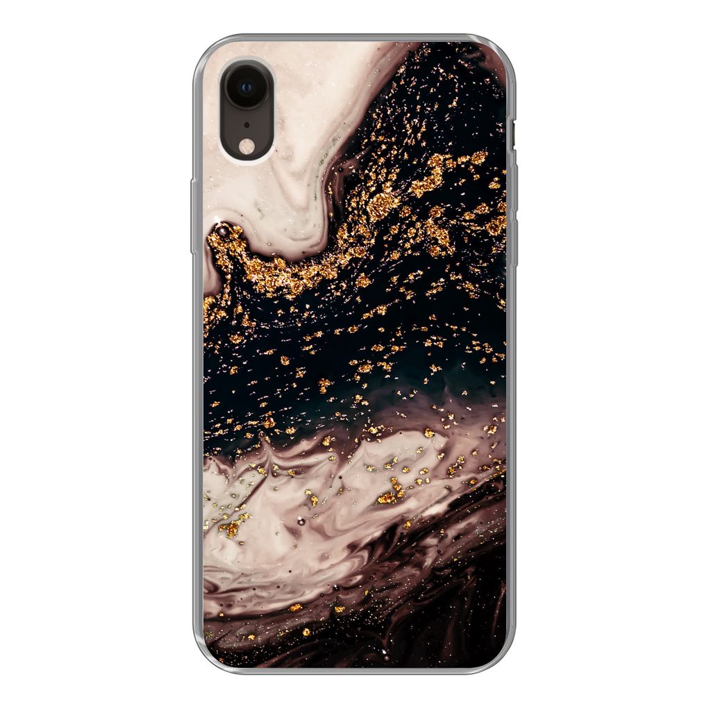 MuchoWow Handyhülle Schutzhülle Hülle für iPhone XR Naturstein - Gold - Schwarz Silikon Softcase Handy Hülle - Schutzdeckel